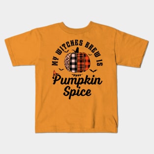 My Witches Brew Is Pumpkin Spice Halloween Plaid Leopard Kids T-Shirt